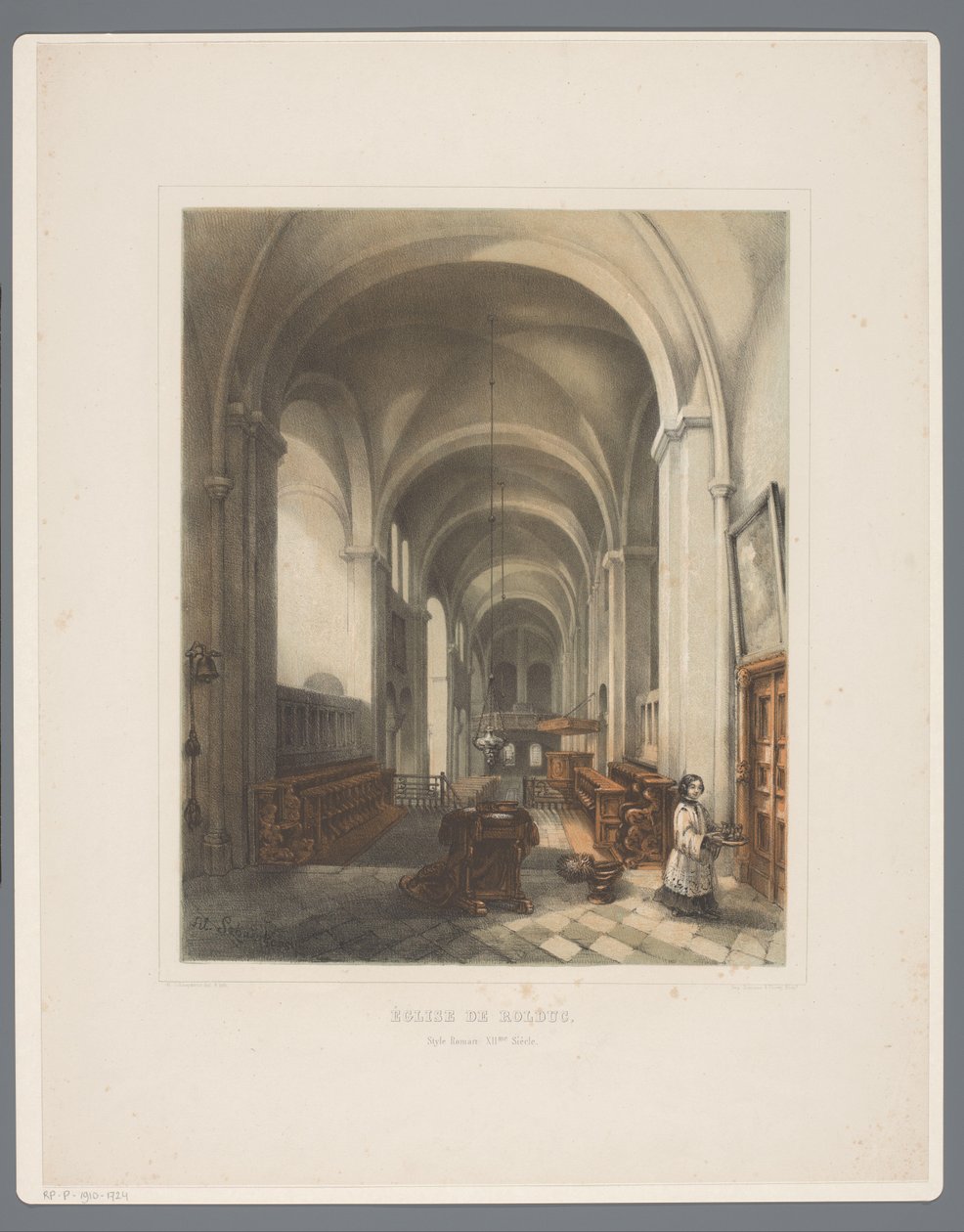 Rolduc Abbey -kirkon sisätilat Église de Rolduc, Style Roman XIIme Siècle (otsikko esineessä) Rolduc et ses environs (sarjan nimi) tekijältä Alexander Schaepkens