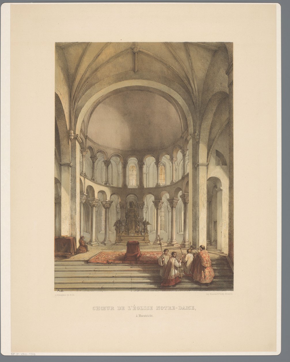 Sisustus on Onze-Lieve-Vrouwe-Basiliek te Maastricht Notre-Dame-kirkon kuoro Maestrichtissa (otsikko esineessä) Muinaiset arkkitehtuurimonumentit 1100-luvulta 1300-luvulle Limburgissa (sarjan nimi) tekijältä Alexander Schaepkens