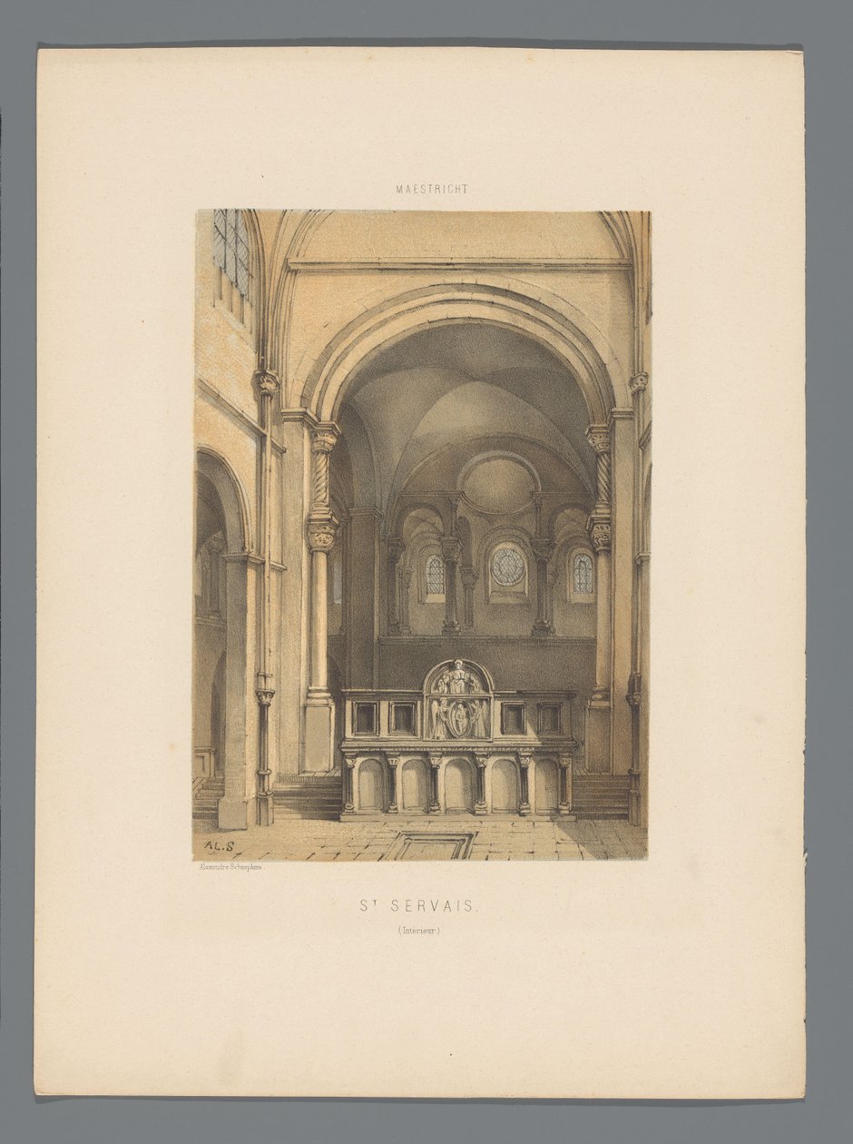 Maastrichtin Pyhän Servatiuksen basilikan sisätilat St. Servais (sisustus) (otsikko esineessä) Monuments de Maastricht (sarjan nimi) tekijältä Alexander Schaepkens
