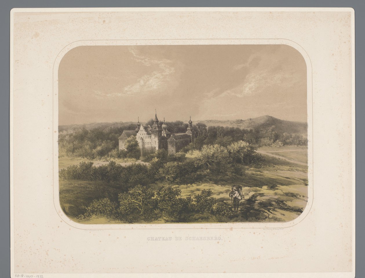 Schaesbergin linna Chateau de Schaesberg (otsikko esineessä) Rolduc et ses environs (sarjan nimi) tekijältä Alexander Schaepkens
