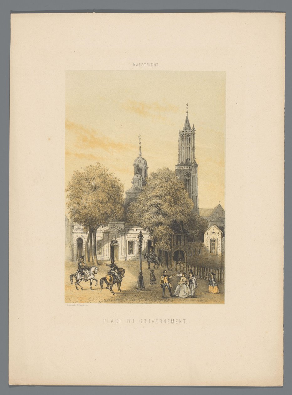 Vanha vartiotalo aukiolla Maastrichtissa Place du Gouvernement (otsikko esineessä) Monuments de Maastricht (sarjan nimi) tekijältä Alexander Schaepkens