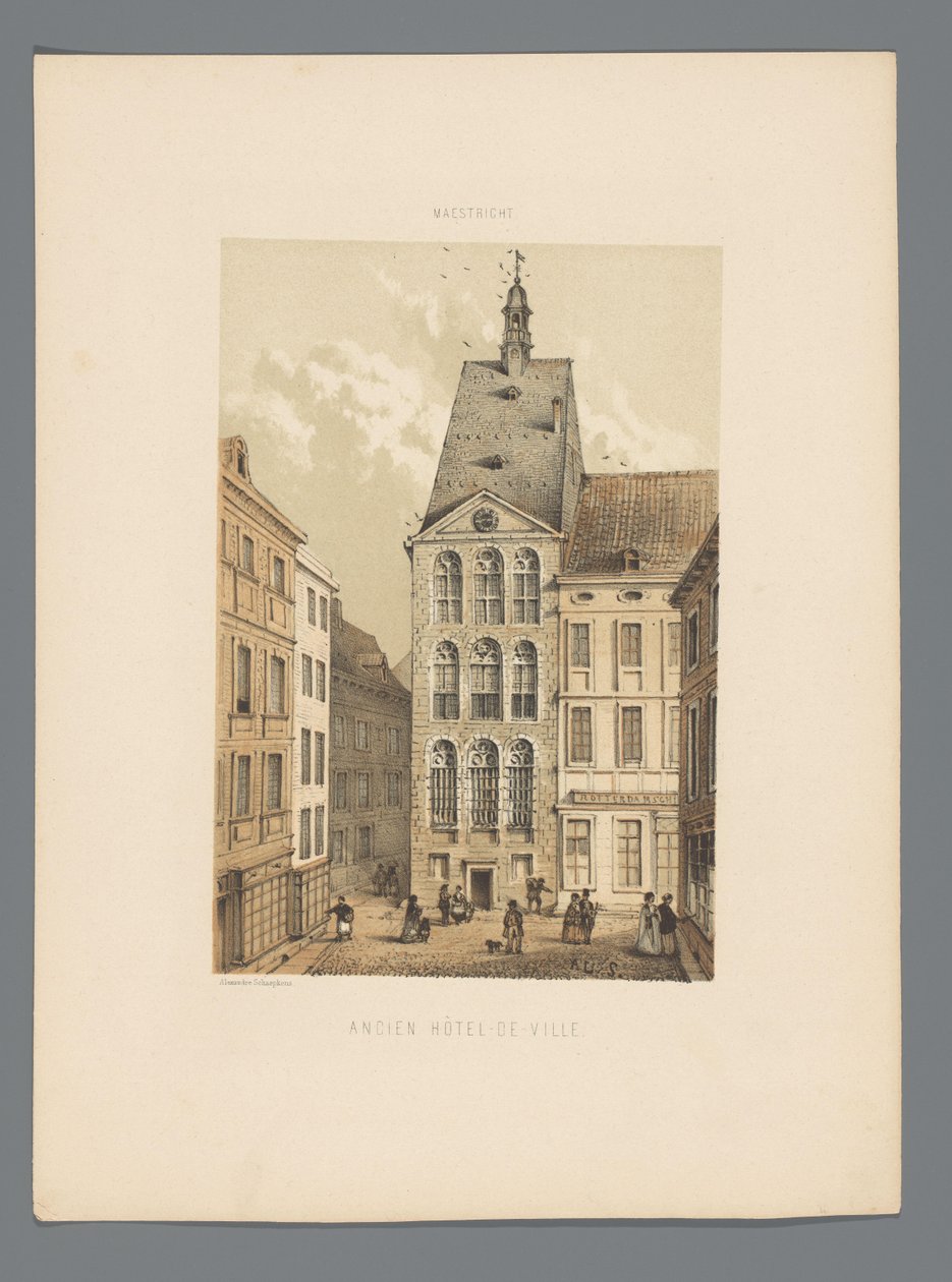 Vanha kaupungintalo Maastrichtissa Ancien Hôtel-de-ville (otsikko esineessä) Monuments de Maastricht (sarjan nimi) tekijältä Alexander Schaepkens