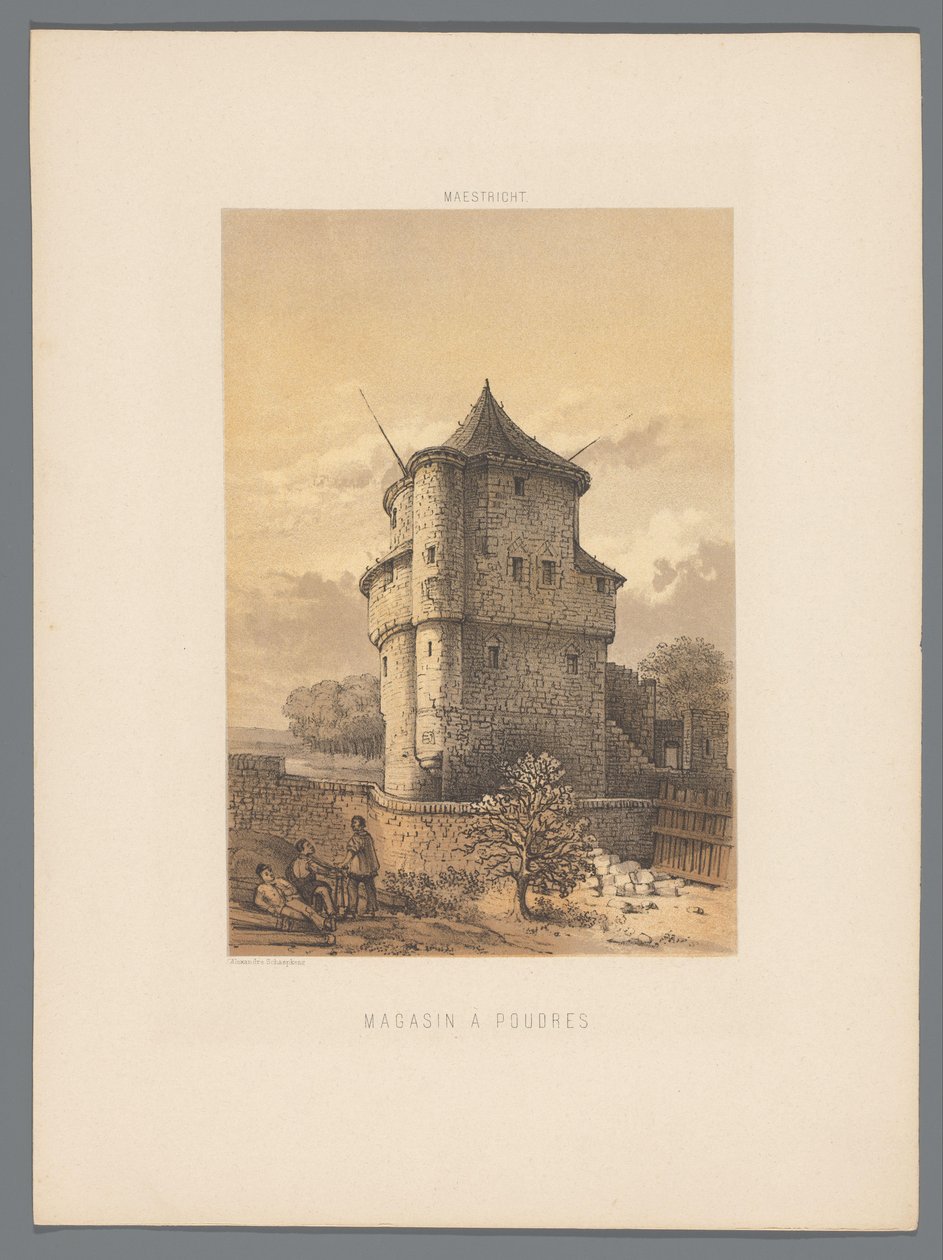 Wycker Kruittoren Maastrichtissa Jauhelehti (otsikko esineessä) Maastrichtin monumentit (sarjan nimi) tekijältä Alexander Schaepkens