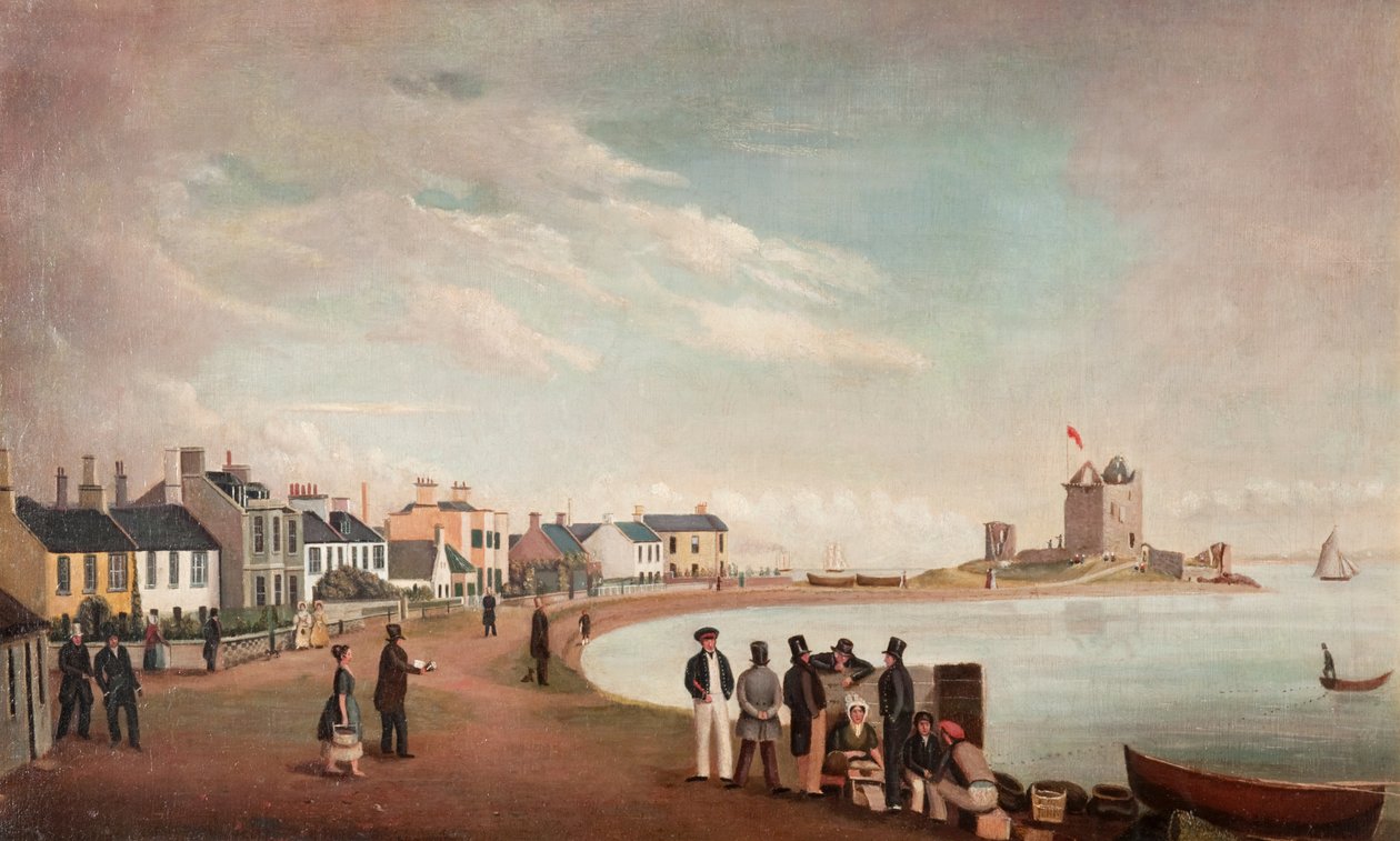 Beach Crescent ja Broughty Castle, n. 1835 (öljy kankaalle) tekijältä Alexander Smith