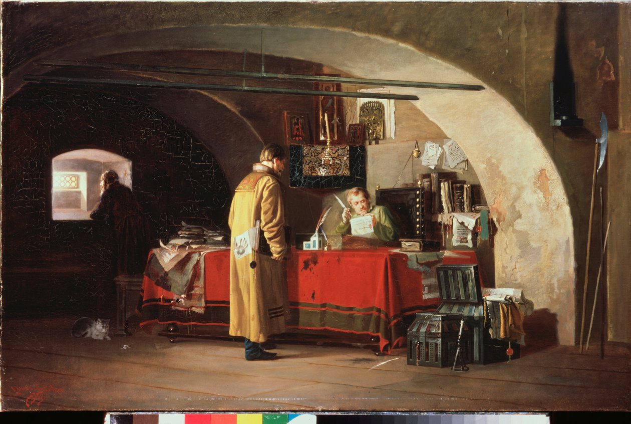 Hallintotoimisto Moskovan ruhtinaskunnassa (An Office in Muscovy) - Aleksanteri Stepanovitš Yanovin (1857-1918) maalaus, öljy kankaalle tekijältä Alexander Stepanovich Yanov