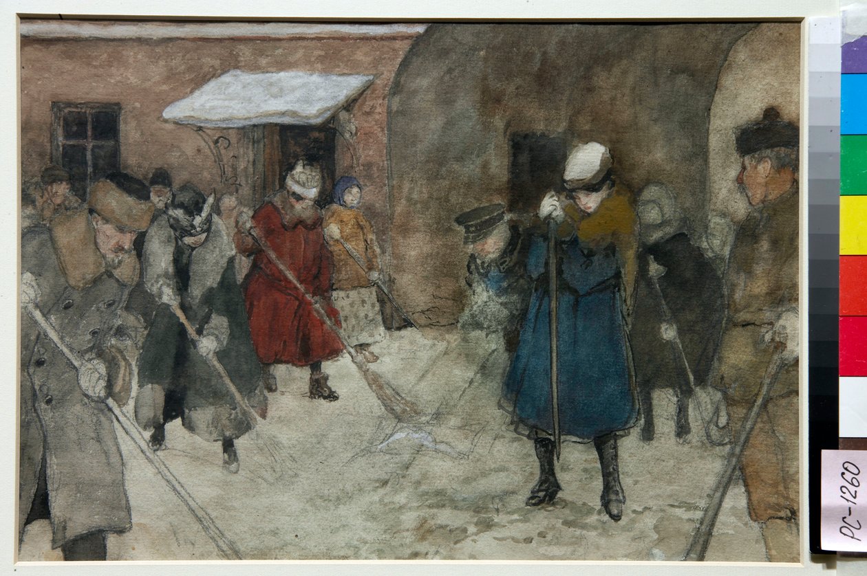 Ihmiset lakaisevat lunta kadulla talvella - Aleksanteri Ivanovitš Vakhramejevin (1874-1926) työ, noin 1921 - Lumenpoisto - Akvarelli, valkoinen väri, musta liitu paperille, Aleksanteri Ivanovitš Vakhramejev (1874-1926), n. 1921 - 21,4x29 .5cm - St tekijältä Alexander Vakhrameyev