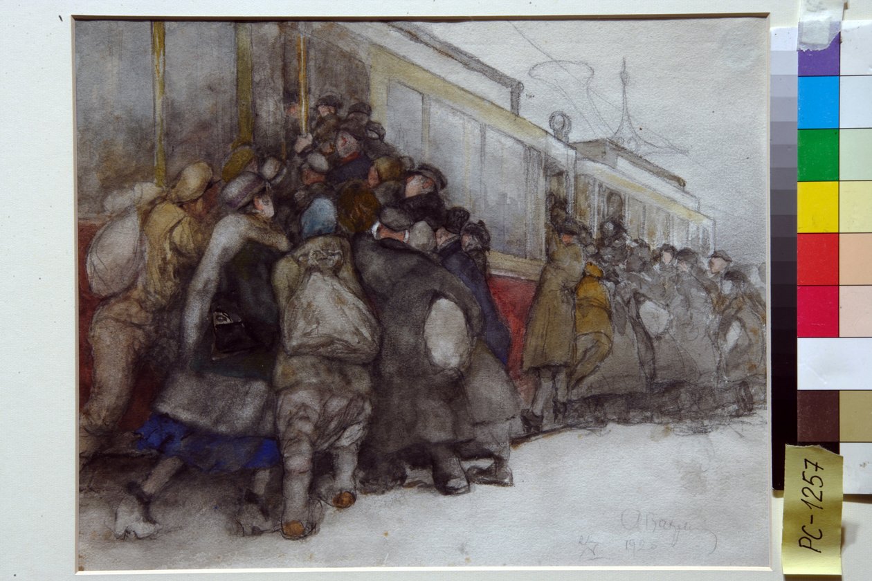 Ihmiset yrittävät nousta jo täyteen raitiovaunuun - Aleksanteri Ivanovitš Vakhramejevin (1874-1926) taide tekijältä Alexander Vakhrameyev
