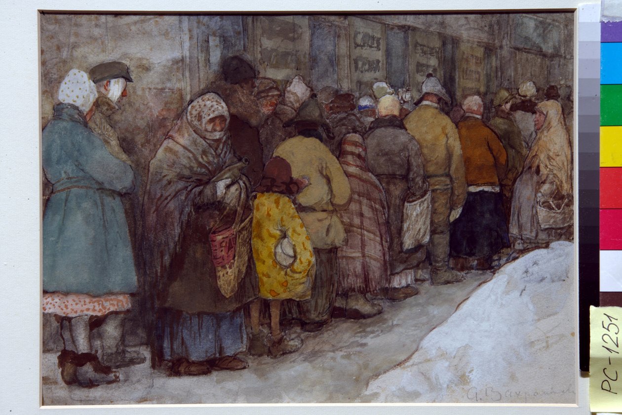 Jono Venäjällä nälänhädän aikana 1920-1921 - Aleksanteri Ivanovitš Vakhramejevin (1874-1926) taideteos, noin 1921 - Jono - Akvarelli, valkoinen, musta liitu paperille, Alexander Ivanovich Vakhramejev (1874-1926), n. 19 22x29,5 cm - tekijältä Alexander Vakhrameyev