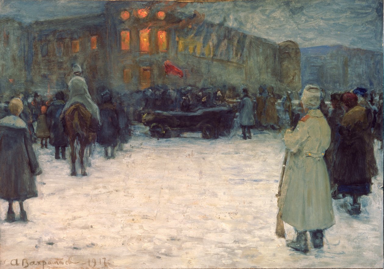 Tuli Liettuan linnassa, helmikuun vallankumous 1917, Pietari - Aleksanteri Ivanovitš Vakhramejevin (1874-1926) teos, guassi paperille tekijältä Alexander Vakhrameyev