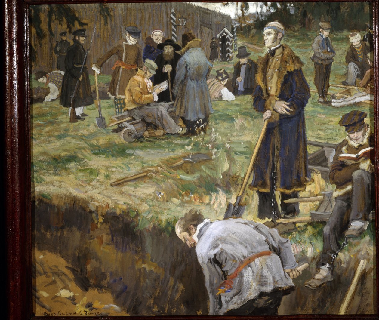 Dekabristit (tai dekabristit) (Decembrismi) tuomittiin maanpakoon Chitassa Siperiassa 14. joulukuuta 1825 järjestetyn vallankaappausyrityksen jälkeen. Alexander Viktorovich (Aleksandri Victor) Moravovin (1878-1951) maalaus tekijältä Alexander Viktorovich Moravov