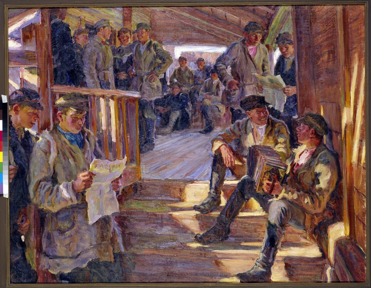 Kohtaus Venäjän armeijan palveluksessa, jossa miehet puhuvat, lukevat ja soittavat harmonikkaa. (Rekrytointiasemalla). Alexander Viktorovich Moravovin (Aleksanteri Victor) maalaus (1878-1951) tekijältä Alexander Viktorovich Moravov