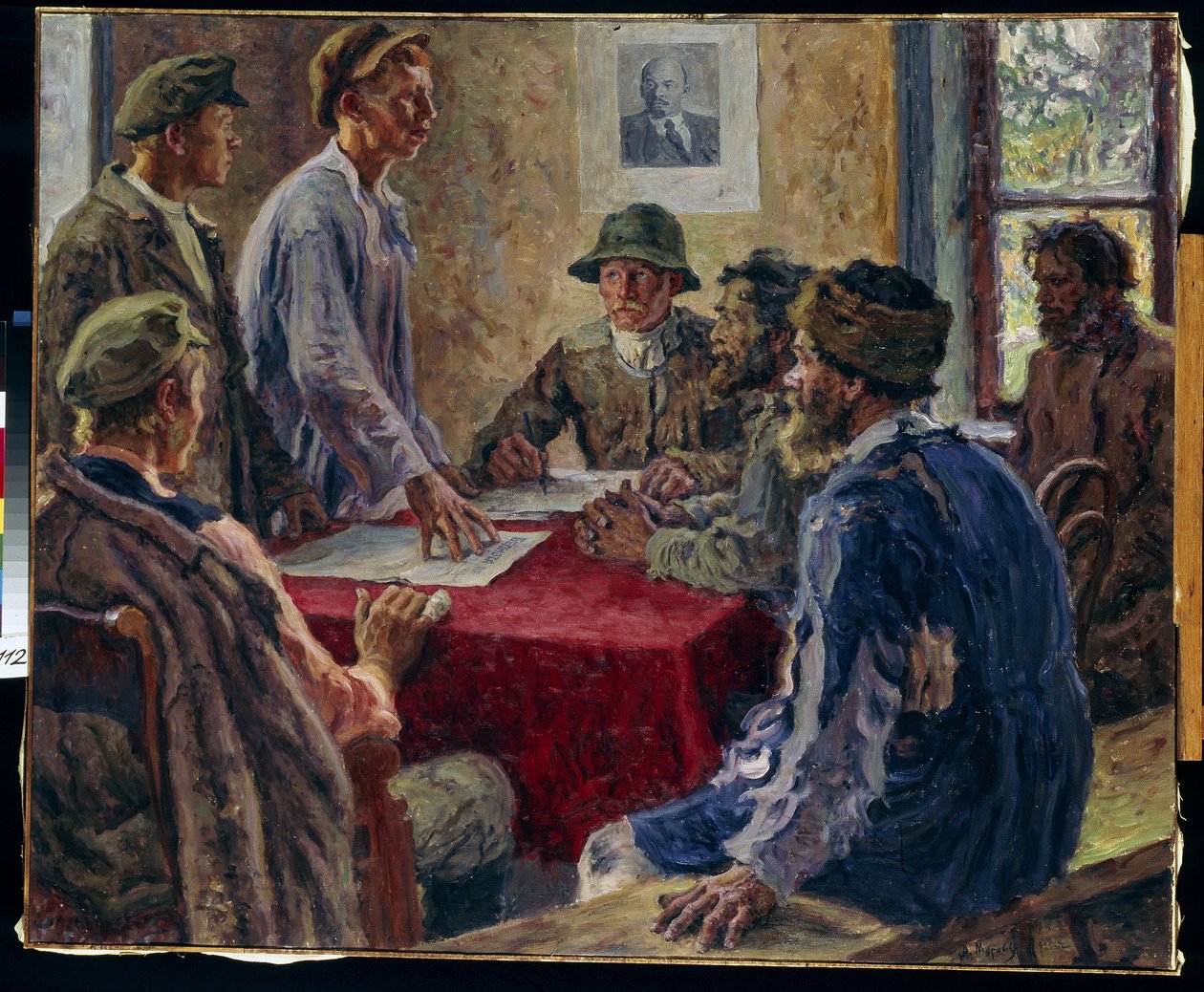 Köyhätalonpoikien komitean kokous vuonna 1918 (Köyhätalonpoikien komitean istunto 1918). Maalaus Alexander Viktorovich Moravov (Alexander Victor) (1878-1951), öljy kankaalle tekijältä Alexander Viktorovich Moravov