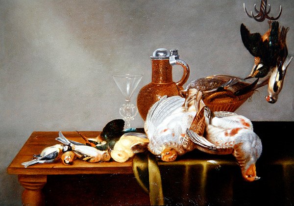 Kuolleiden pelin asetelma peltopyyllä ja muilla lintuilla (öljy paneelissa) tekijältä Alexander van Adriaenssen