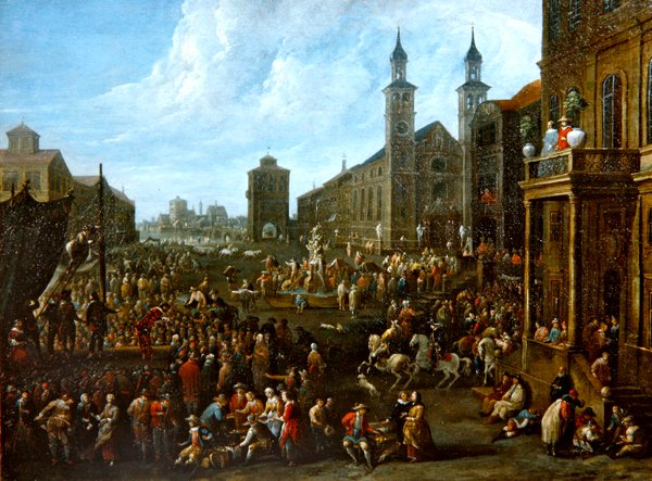 Markkinanäkymä katutaiteilijoiden ja muiden hahmojen kanssa (öljy kankaalle) tekijältä Alexander van Bredael