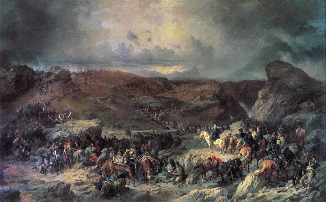 Aleksanteri Suvorovin armeija ylittämässä St Gotthardin solan, syyskuu 1799 1800-luku. tekijältä Alexander von Kotzebue