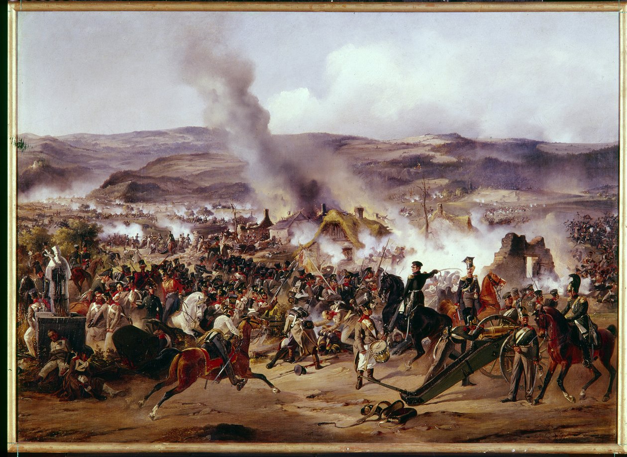 Napoleonin sodat: Kulmin taistelu (nykyinen Chlumec) Böömissä (Tšekin tasavalta) 30.8.1813 vastustaen Ranskan armeijaa Preussin, Itävallan ja Venäjän joukkojen liittoumaa vastaan ​​Saksan kampanjan aikana. Alexanderin maalaus tekijältä Alexander von Kotzebue