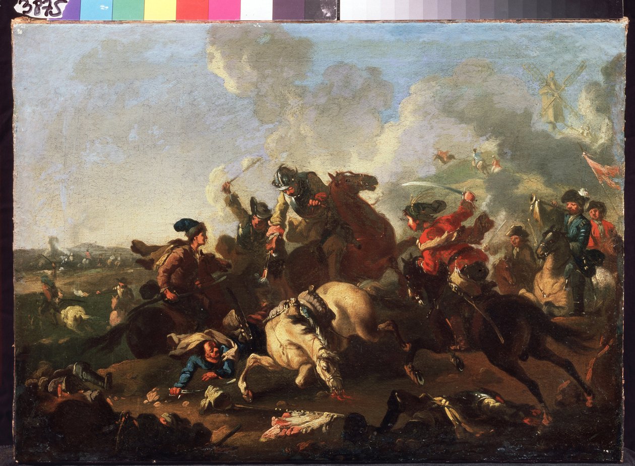 Kohtaus Poltavan taistelusta (tai Pultawasta, Ukrainasta) (Poltavan taistelusta). Taistelu, joka käytiin 8. heinäkuuta 1709 Venäjän Pietari I:n armeijan välillä (tunnetaan nimellä Le Grand tekijältä Alexander von Kotzebue