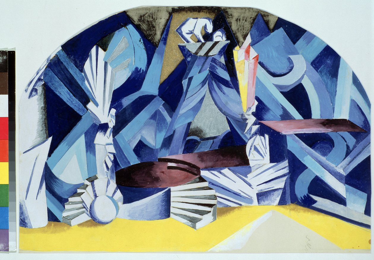 Julian huone. Lavastus William Shakespearen (1564-1616) näytelmään Romeo ja Julia (W.Shakespearen teatterinäytelmän Romeo ja Julia pukusuunnittelu). Alexandra Alexandrovna Exterin (1882-1949) työ, guassi pahville tekijältä Alexandra Alexandrowna Exter