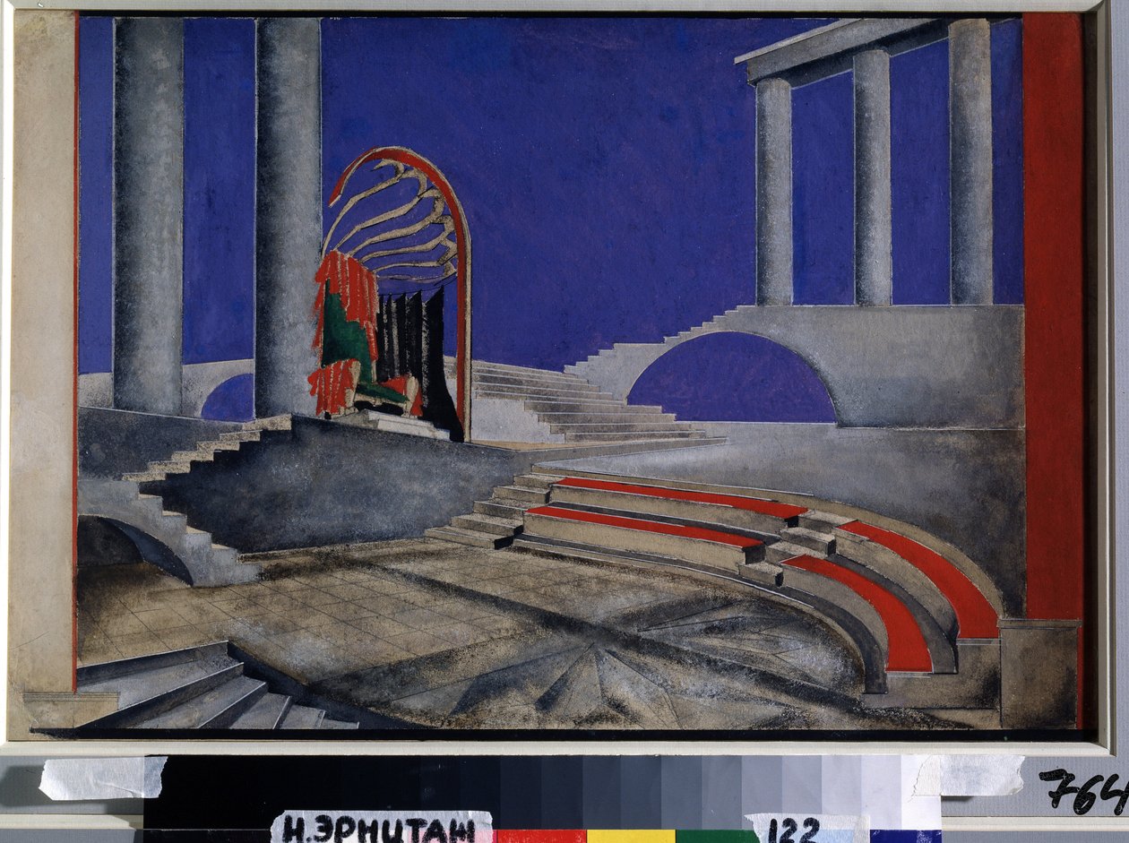 Lavasuunnitteluarvio Edition Decors de Theaterille. Alexandra Alexandrovna Exterin (1882-1949) teos, akvarelli ja guassi paperille, puoliväli 1920. Venäläinen scenografia, 1900-luku. Co tekijältä Alexandra Alexandrowna Exter