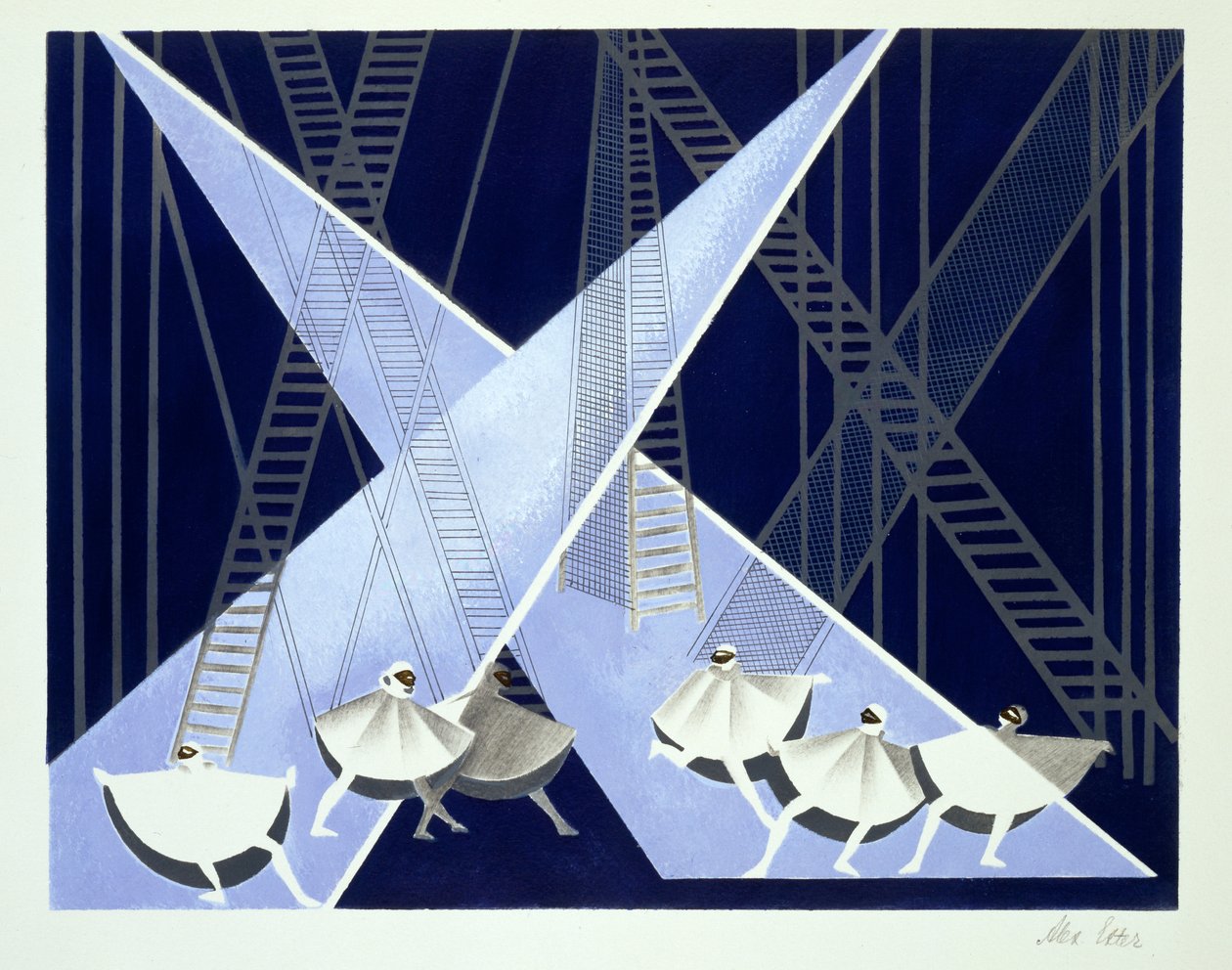Lavastus baletille, kuvitus Alexandra Exterin "Maquettes de Theatresta", julkaistu 1920-luvulla (litho) tekijältä Alexandra Alexandrowna Exter