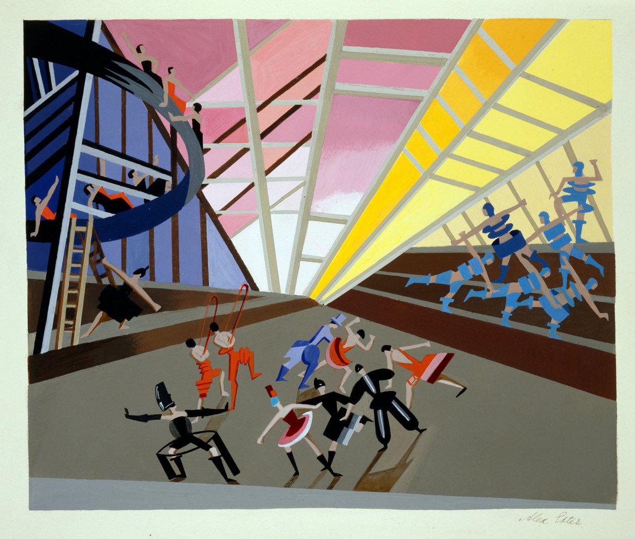 Lavastus baletille, kuvitus Alexandra Exterin "Maquettes de Theatresta", julkaistu 1920-luvulla (litho) tekijältä Alexandra Alexandrowna Exter