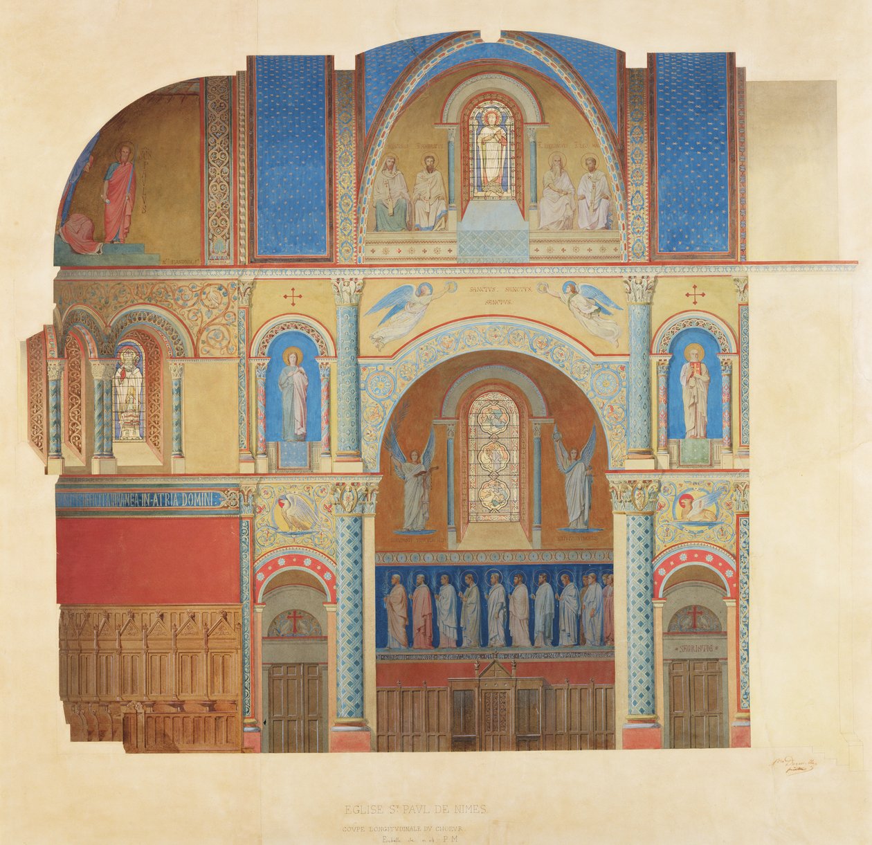 Saint-Paulin kirkko, Nimes, kuoron pituusleikkaus tekijältä Alexandre Dominique Denuelle