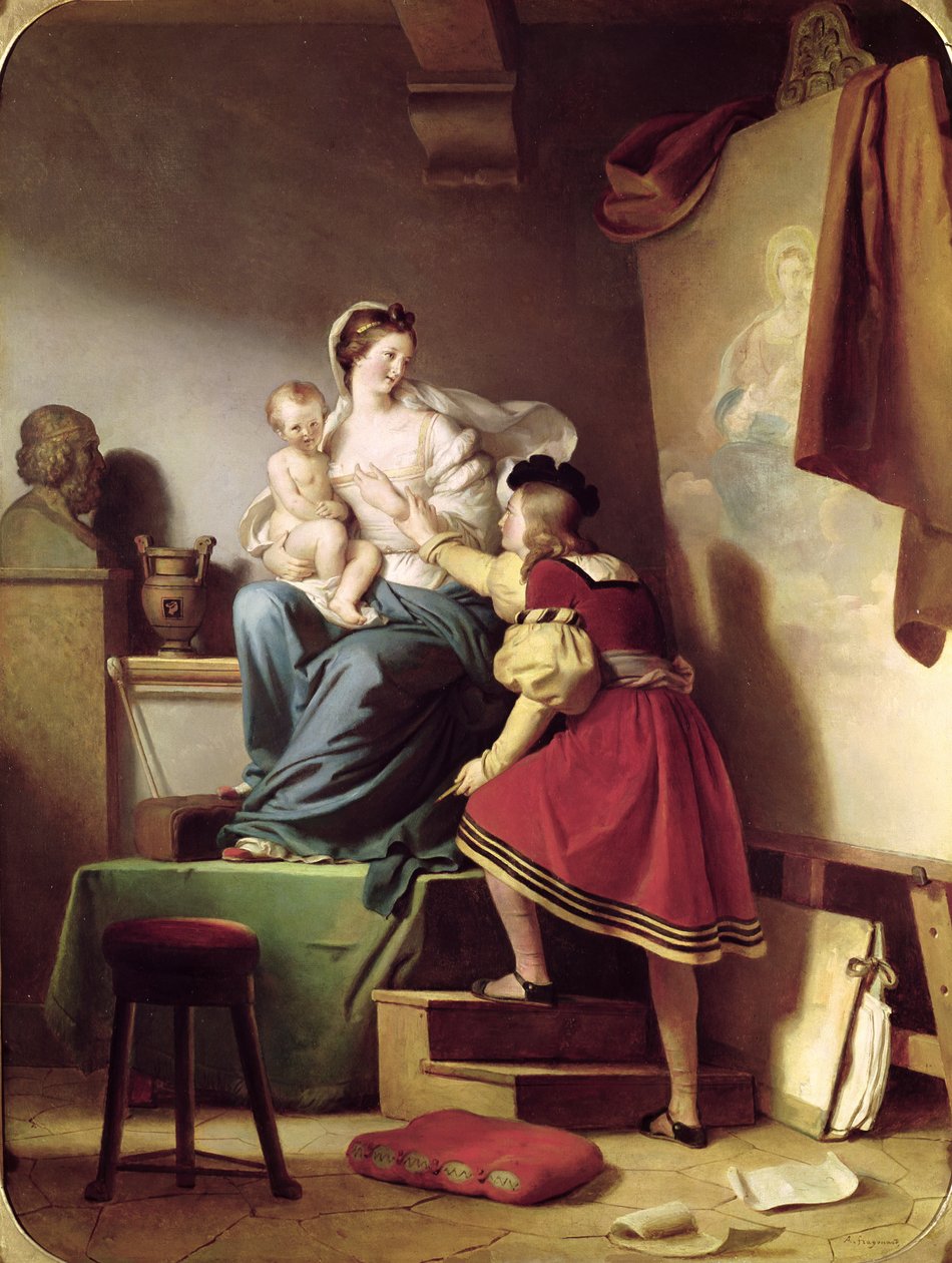 Rafael muokkaa mallinsa asentoa Neitsyt ja lapsi maalaukseensa tekijältä Alexandre Evariste Fragonard