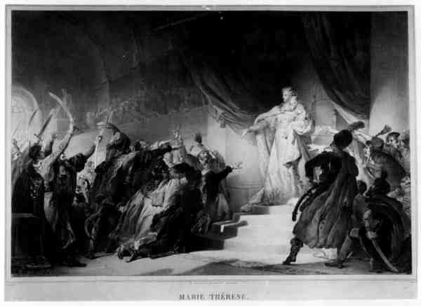 Maria Theresa (1717-80) esittelee poikansa unkarilaisille, kaivertanut Theophile, painanut Lemercier tekijältä Alexandre Evariste after Fragonard