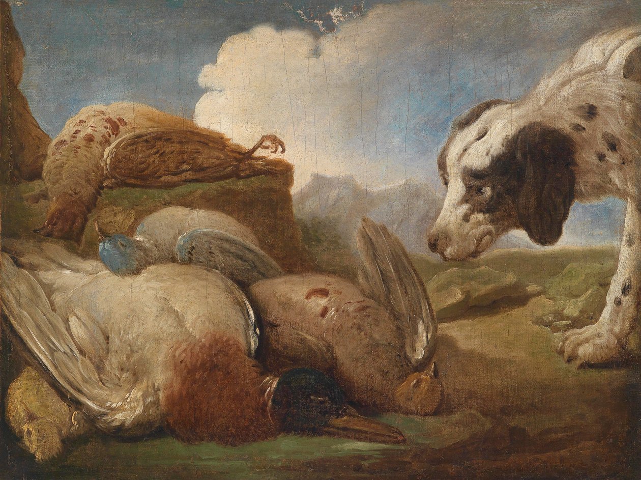 Ein Jagdhund, erlegtes Wildgeflügel beschnuppernd tekijältä Alexandre Francois Desportes