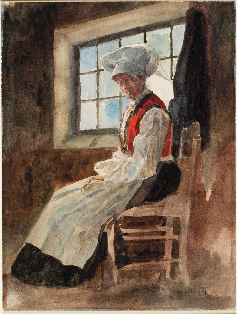 Skandinaavinen talonpoikanainen sisätiloissa, n. 1906 (wc, grafiitti kortilla) tekijältä Alexandre Lunois