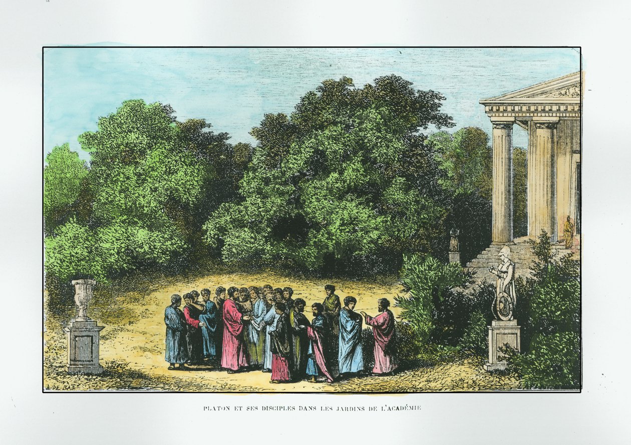 Platon (n. 427-n. 348 eKr.) ja hänen opetuslapsensa Akatemian puutarhassa, Louis Figuierin teoksesta "La vie des Savants Illustres", kaiverrus Laplante, n. 1870 (myöhempi väritys) tekijältä Alexandre de Bar