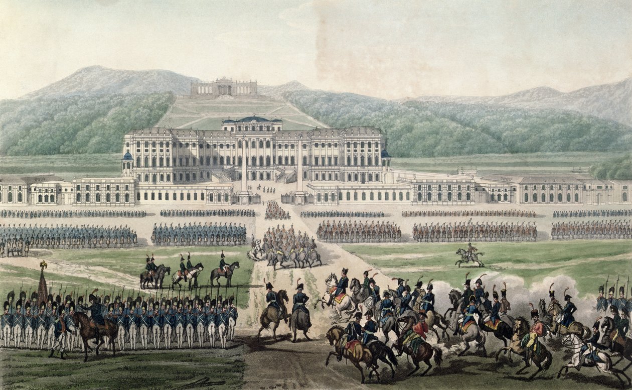 Napoleon Bonaparten (1769-1821) saapuminen Schloss Schonbrunniin, kaiverrus Aubertin, n. 1820 tekijältä Alexandre de la Borde