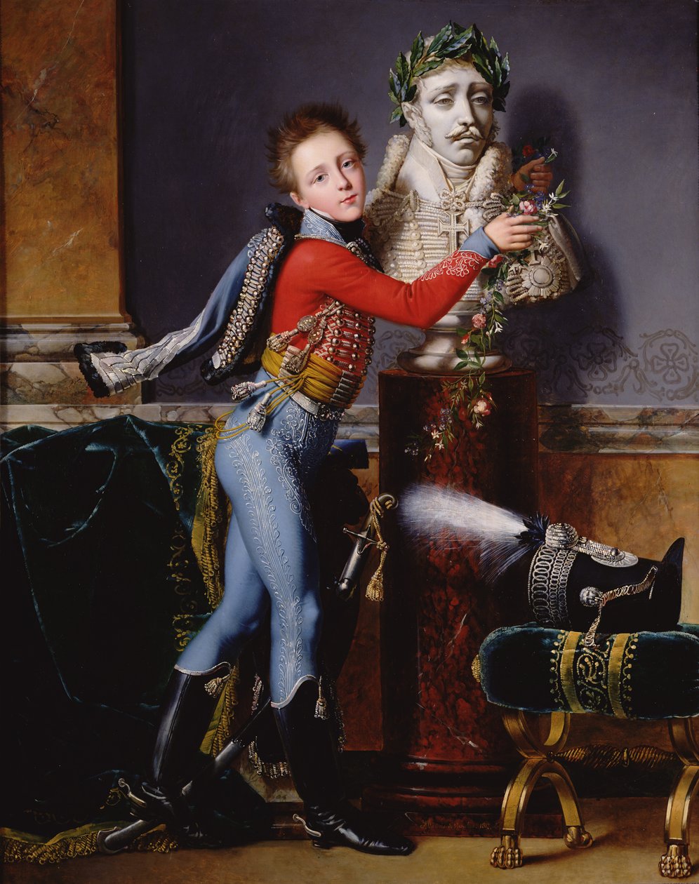 Muotokuva Edouard Cesar de Labordesta koristelemassa isänsä rintakuvaa kukilla, 1817 öljy kankaalle tekijältä Alexandre Jean Dubois Drahonet
