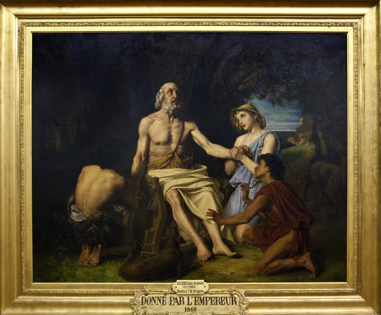 9. vuosisadan eKr. kreikkalaisen runoilijan Homeren esitys Skyroksen saarella Jean-Baptiste Auguste Leloirin maalaus (1809-1892) (Jean Baptiste) 1865 Homer Scyros-saarella, Alexandre Louis Leloirin maalaus tekijältä Alexandre Louis Leloir