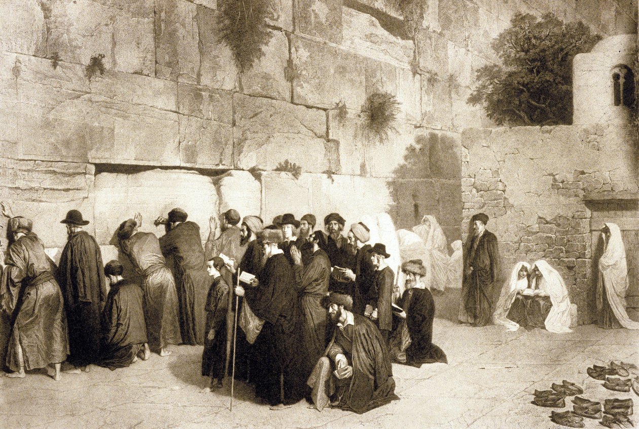 Juutalaiset ihmiset länsimuurilla, Jerusalem, n. 1880 (kaiverrus) tekijältä Alexandre (after) Bida