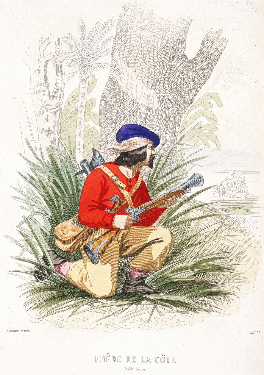 Merirosvo valmistautuu väijytykseen, 1800-luvun puoliväli (värillinen kaiverrus). tekijältä Alexandre (after) Debelle
