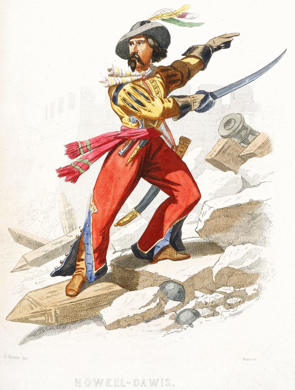 Walesilainen merirosvo Howell Davis, 1800-luvun puoliväli (värillinen kaiverrus). tekijältä Alexandre (after) Debelle