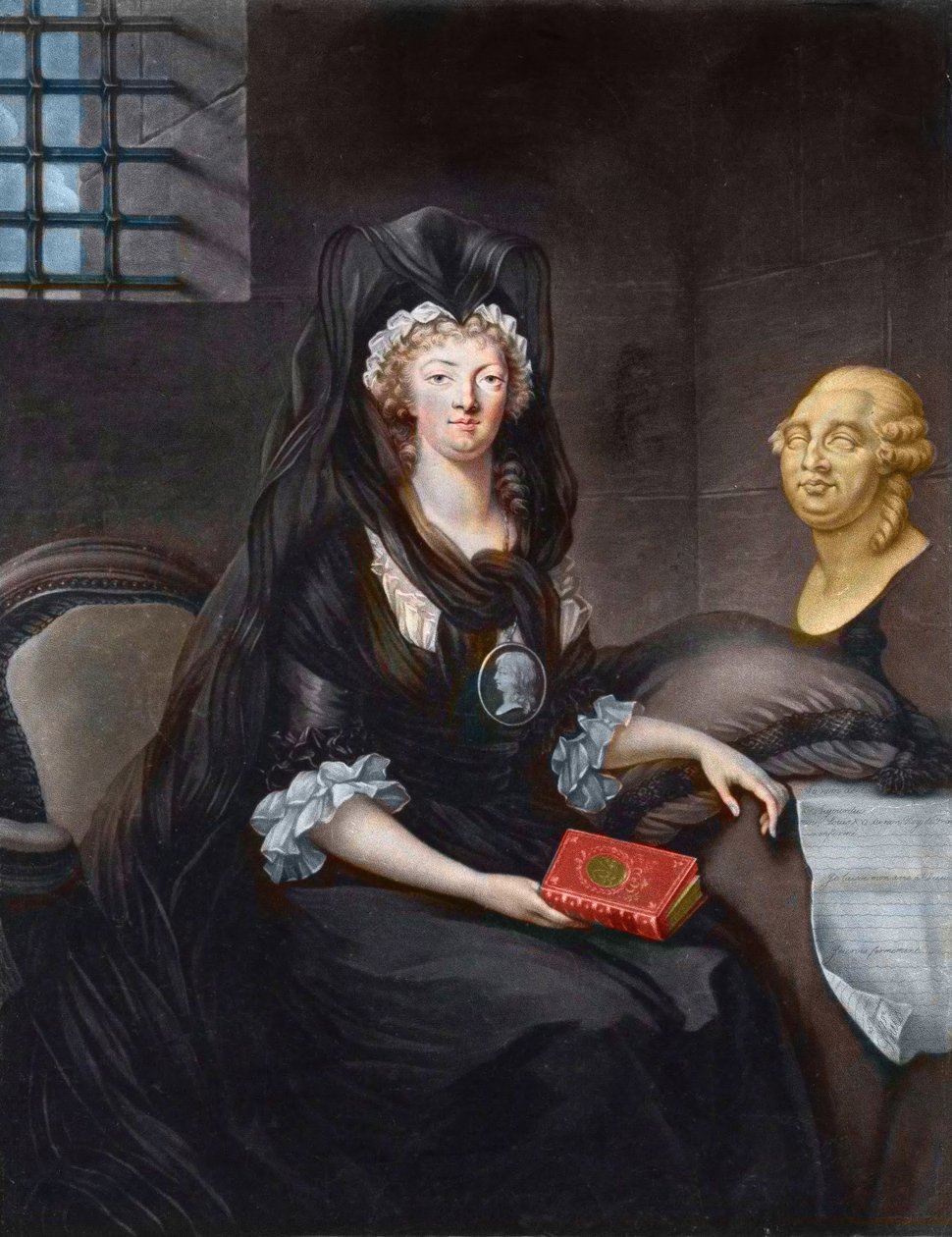 Muotokuva Marie Antoinettesta (1755-1793) syvässä surussa temppelin vankilassa (tai "" Marie-Antoinette conciergessa, surussa, kammiolla, riipus, joka esittää Dauphinia, hänellä on Skottien kuningattaren Marian elämä , Luis XVI:n ja Te tekijältä Alexandre (after) Kucharski