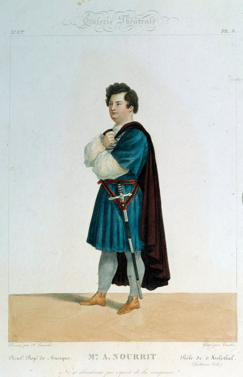 Ranskalainen tenori Adolphe Nourrit (1802-1839) Melechtalin roolissa Gioacchino Rossinin (1792-1868) oopperassa "Guillaume Tell" (William Tell). Kuvitus: Alexandre Lacauchie (1800-luku) Paris. Oopperamuseon kirjasto tekijältä Alexandre (after) Lacauchie
