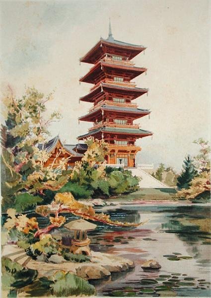 Japanilainen torni Laekenin kuninkaallisessa puistossa Belgiassa, Orientalisme et Architecture Contemporainesta, kaiverrus Jules Adolphe Chauvet (s.1828) (katso myös 171915, 172965, 172990) tekijältä Alexandre Auguste Louis Marcel