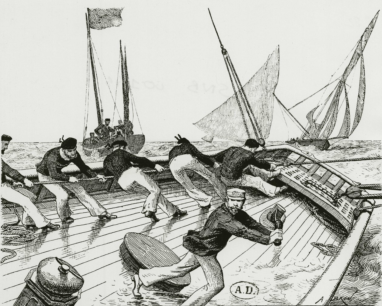 Purjehduskilpailu: Le turn du Bateau-Buoée - piirustus A. Brun, Bibl. Arts decosta. tekijältä Alexandre Brun