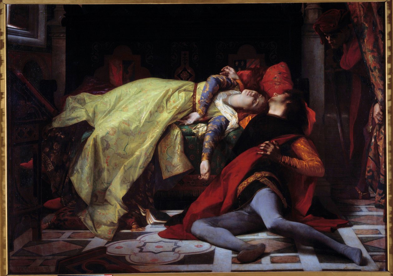 Francesca de Riminin ja Paolo Malatestan kuolema (1284). Alexandre Cabanelin (1823-1889) maalaus tekijältä Alexandre Cabanel