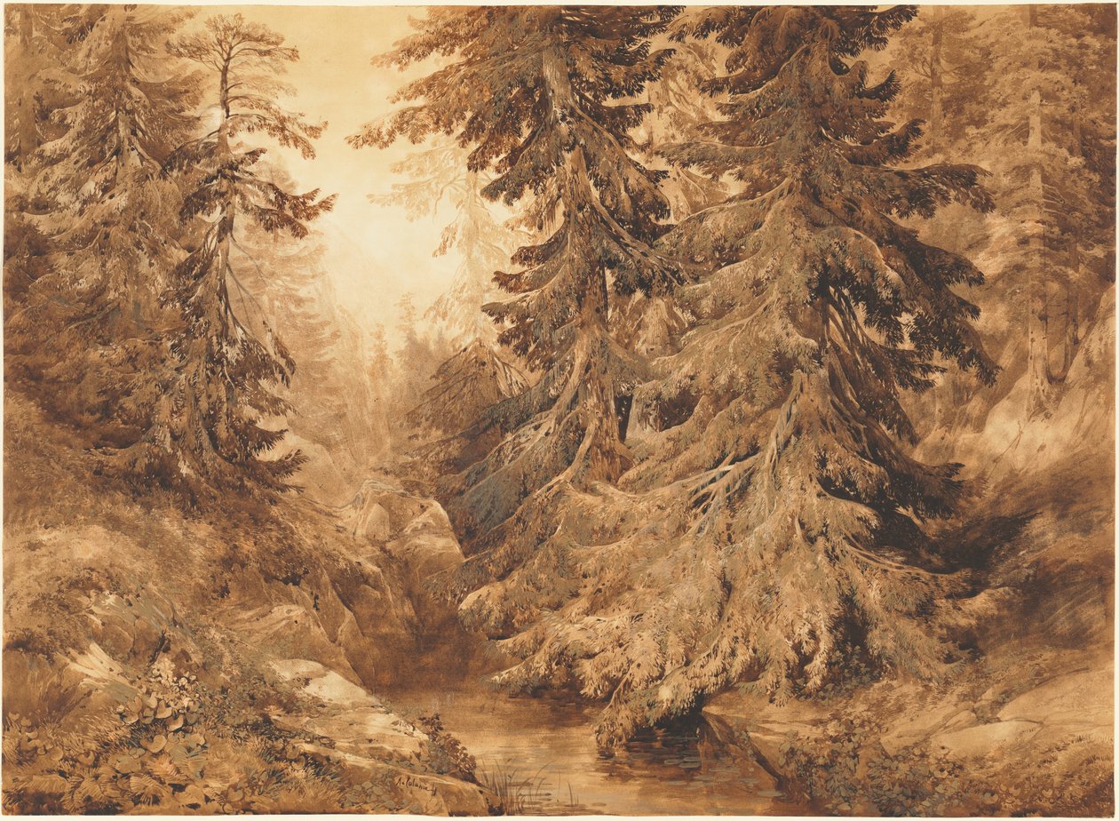 Muinainen mäntymetsä ja vuoristovirta tekijältä Alexandre Calame