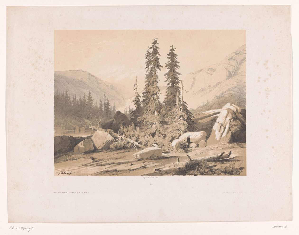 Vuoristomaisema kuusipuilla ja vuoristovuohilla Sapins (otsikko esineessä) tekijältä Alexandre Calame