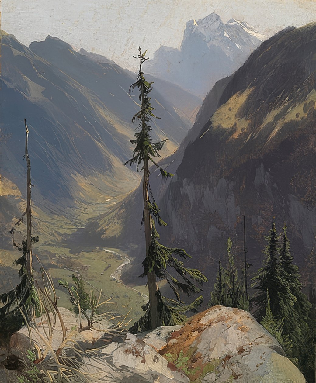 Lütschental Wetterhornin kanssa. Noin 1850 tekijältä Alexandre Calame