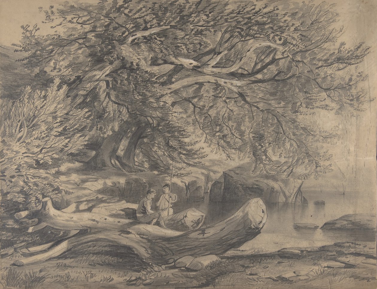 Kaksi miestä lepää järven rannalla..., 1800-luvun alkupuolelta puoliväliin. tekijältä Alexandre Calame