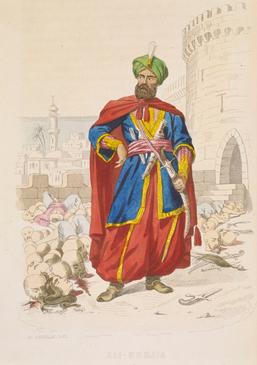 Ali Khoja, Algerin hallitsija 1816-1818, vihreässä turbaanissa ja hieno miekka kädessään, ympärillään voitettujen vihollisten katkaistuja päitä vuoden 1816 pommituksen jälkeen, 1800-luvun puoliväli (värillinen kaiverrus). tekijältä Alexandre Debelle