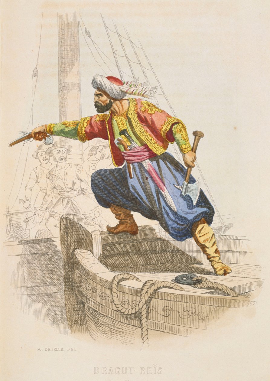 Dragut Reis, kuuluisa barbaarikorsairi, valmistautuu nousemaan vihollisalukseen ryöstösaalista etsiessään, 1800-luvun puoliväli (värillinen kaiverrus). tekijältä Alexandre Debelle
