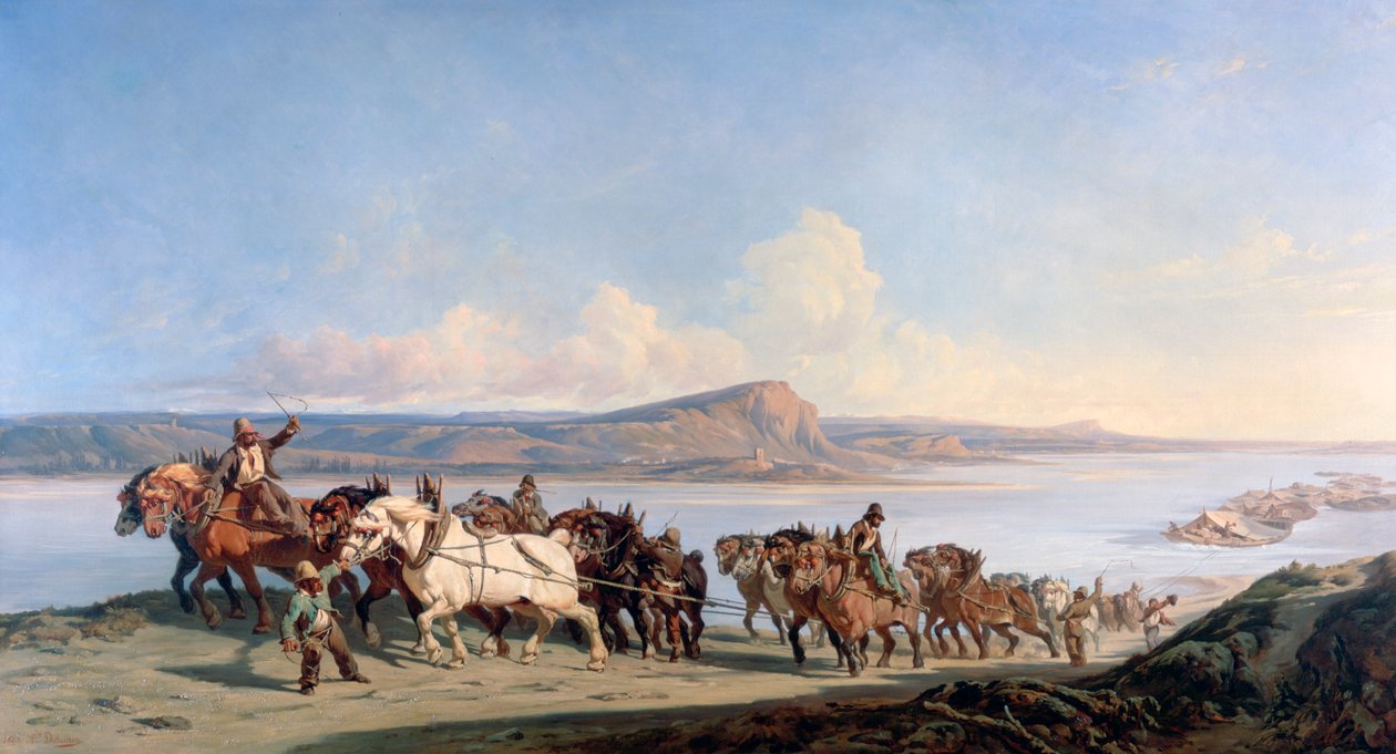 Rhône-veneitä vetävien hevosten kiinnitys, c1825-1870 tekijältä Alexandre Dubuisson