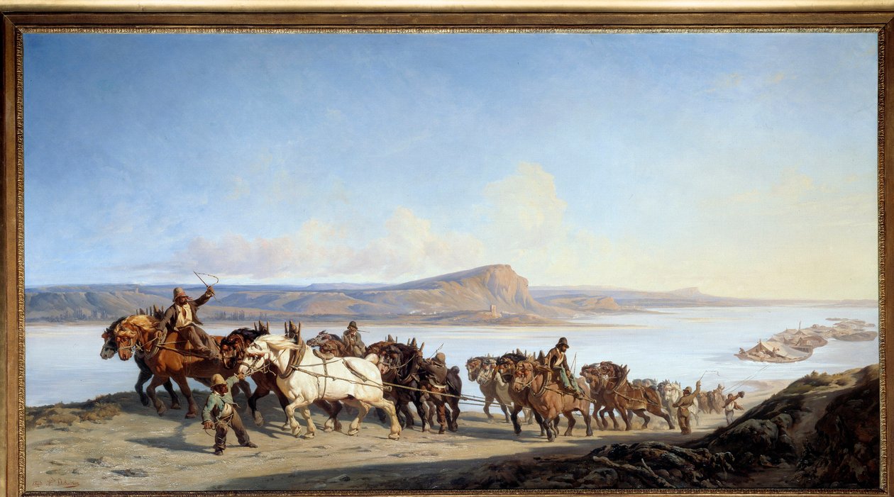 Hinaus “” Hevosten vetokoukku, joka palvelee venehissiä Rhône-joella”” Alexandre Dubuissonin (1805-1870) maalaus 1843 Lyon, Musee des Beaux Arts tekijältä Alexandre Dubuisson